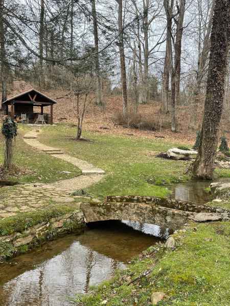 Stone bridge and fire place pavilion